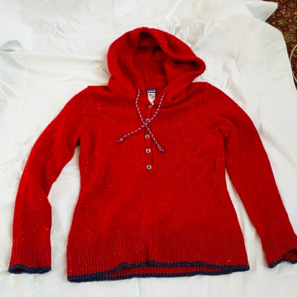 Patagonia Ranchito Knit Merino Wool Hoodie Sweater Speckled Red Large Buttons